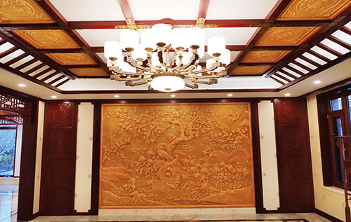 随州中式别墅客厅中式木作横梁吊顶装饰展示